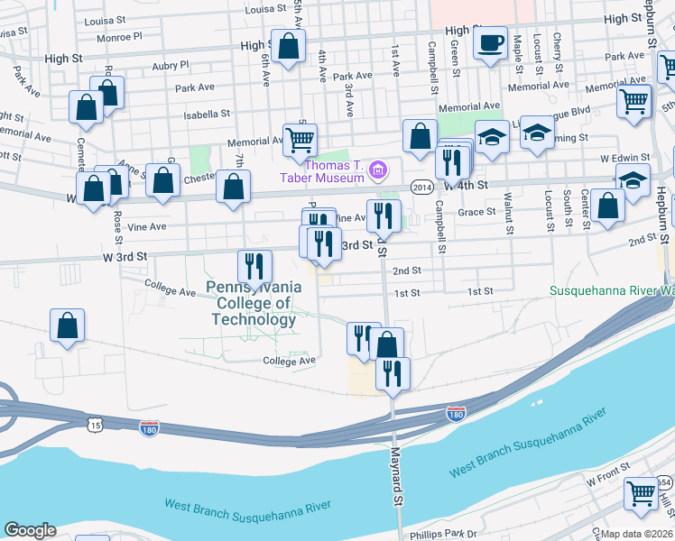 map of restaurants, bars, coffee shops, grocery stores, and more near 951 2nd Street in Williamsport