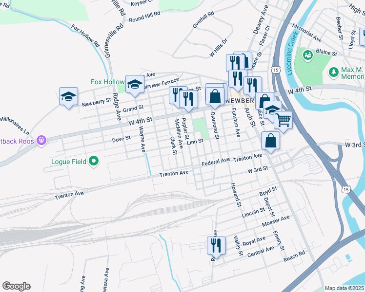 map of restaurants, bars, coffee shops, grocery stores, and more near 770 McMinn Avenue in Williamsport