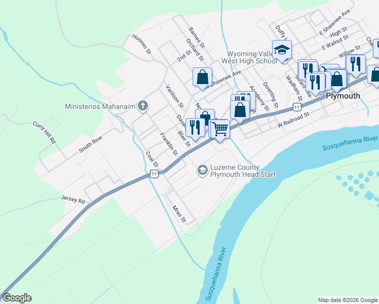 map of restaurants, bars, coffee shops, grocery stores, and more near 552 West Main Street in Plymouth