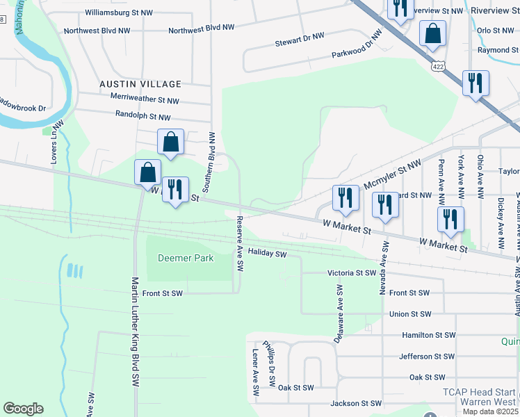 map of restaurants, bars, coffee shops, grocery stores, and more near 2518 West Market Street in Warren