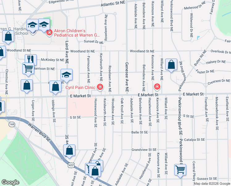 map of restaurants, bars, coffee shops, grocery stores, and more near 1700 East Market Street in Warren