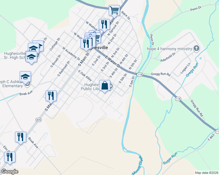 map of restaurants, bars, coffee shops, grocery stores, and more near South Gorder Alley in Hughesville