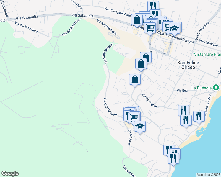 map of restaurants, bars, coffee shops, grocery stores, and more near 48/2 Via XXIV Maggio in San Felice Circeo