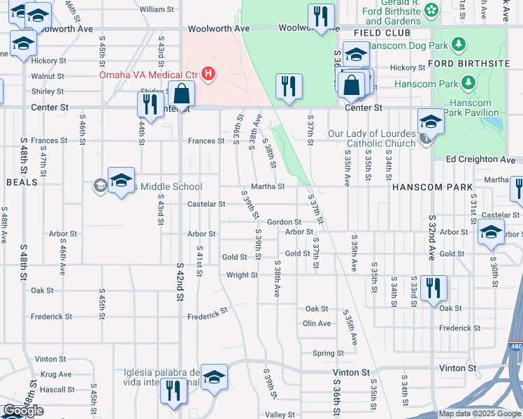 map of restaurants, bars, coffee shops, grocery stores, and more near 3910 Gordon Street in Omaha