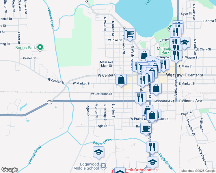 map of restaurants, bars, coffee shops, grocery stores, and more near 513 W Market St in Warsaw