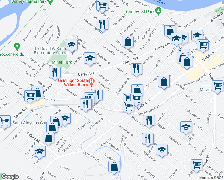 map of restaurants, bars, coffee shops, grocery stores, and more near 119 Hanover Street in Wilkes-Barre