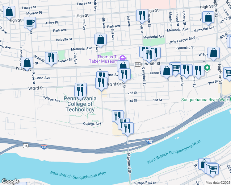 map of restaurants, bars, coffee shops, grocery stores, and more near 901-949 2nd St in Williamsport
