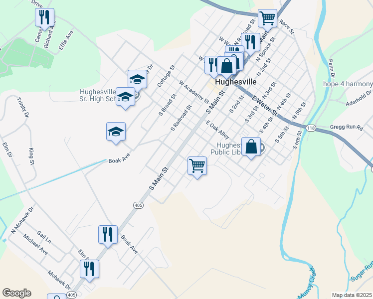 map of restaurants, bars, coffee shops, grocery stores, and more near South Spruce Street in Hughesville