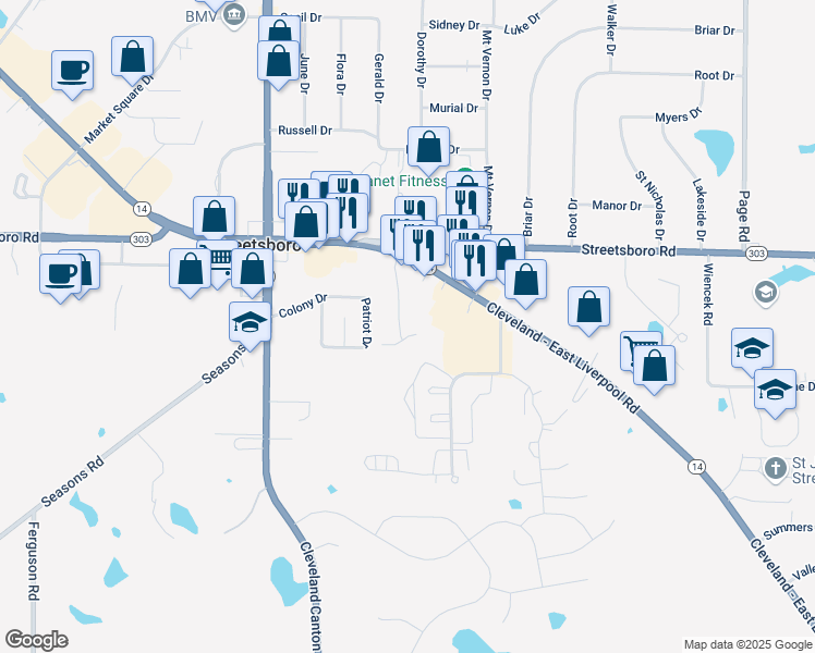 map of restaurants, bars, coffee shops, grocery stores, and more near 9121 Ranch Road in Streetsboro