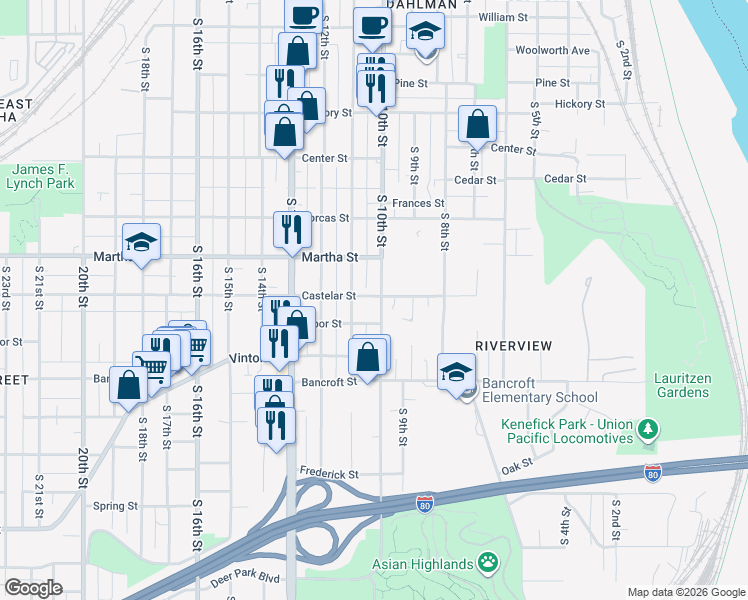 map of restaurants, bars, coffee shops, grocery stores, and more near 2410 South 10th Street in Omaha