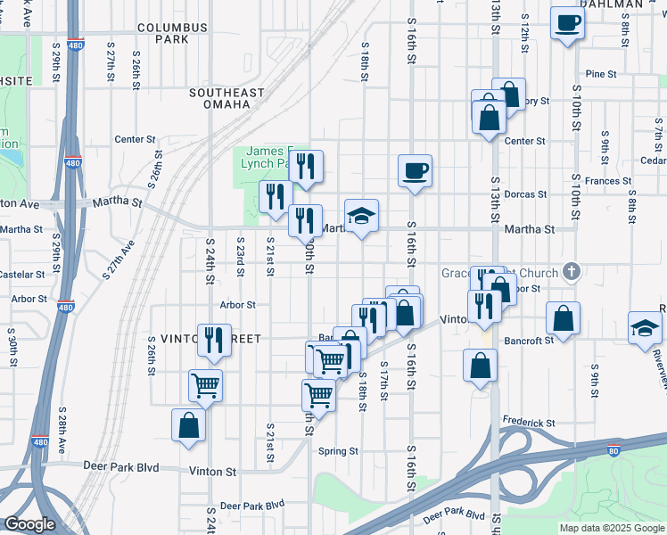 map of restaurants, bars, coffee shops, grocery stores, and more near 2416 South 19th Street in Omaha