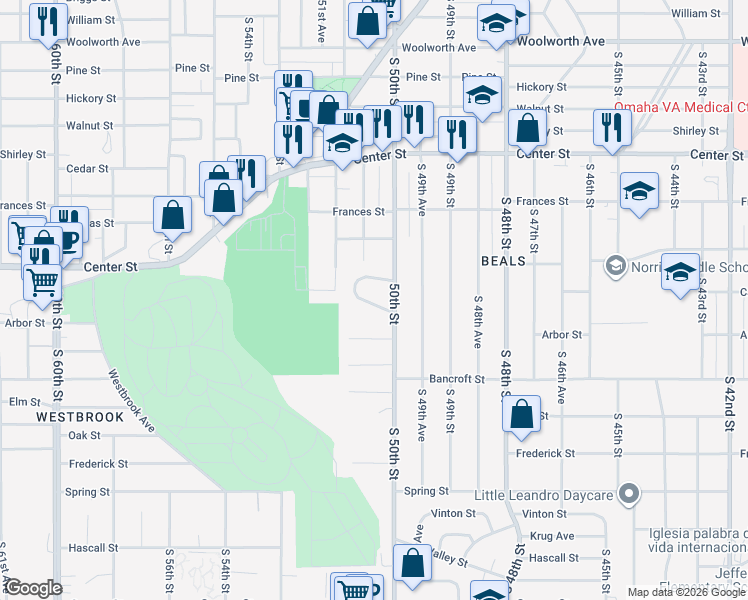 map of restaurants, bars, coffee shops, grocery stores, and more near 5009 Castelar Street in Omaha