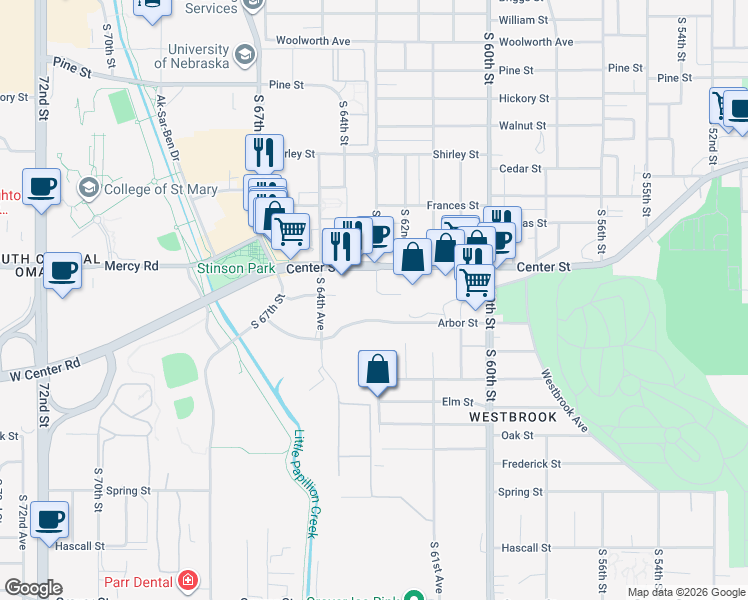 map of restaurants, bars, coffee shops, grocery stores, and more near 2313 South 63rd Street in Omaha