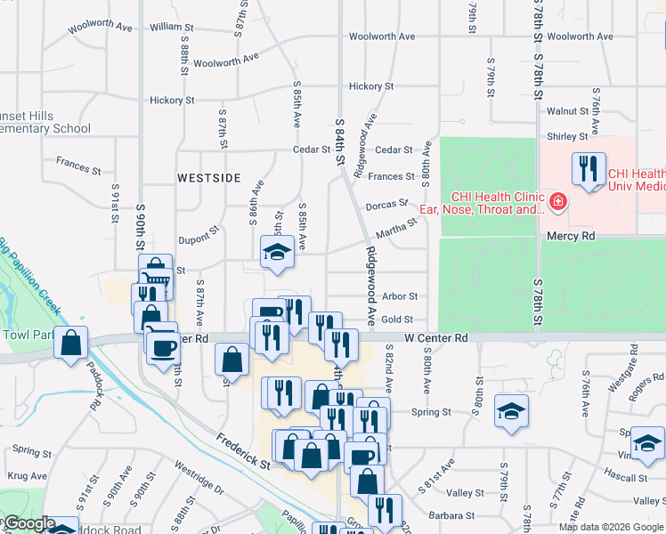 map of restaurants, bars, coffee shops, grocery stores, and more near 2401 South 84th Street in Omaha