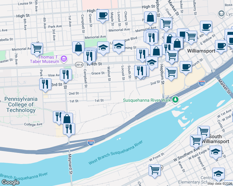 map of restaurants, bars, coffee shops, grocery stores, and more near 651 2nd Street in Williamsport