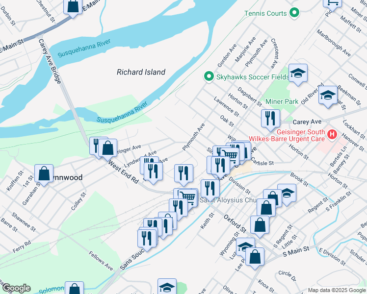 map of restaurants, bars, coffee shops, grocery stores, and more near 54 Lyndwood Avenue in Wilkes-Barre