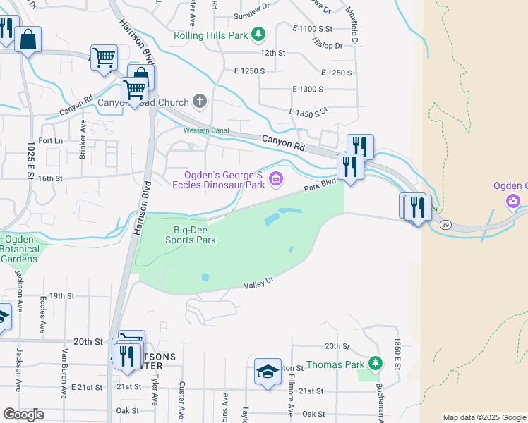 map of restaurants, bars, coffee shops, grocery stores, and more near 1300 Valley Drive in Ogden