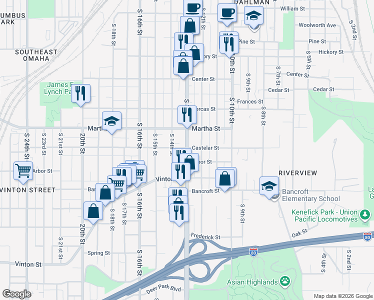 map of restaurants, bars, coffee shops, grocery stores, and more near 2405 S 13th St in Omaha