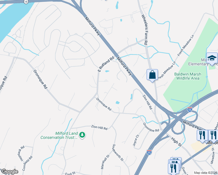 map of restaurants, bars, coffee shops, grocery stores, and more near 55 Westport Place in Milford