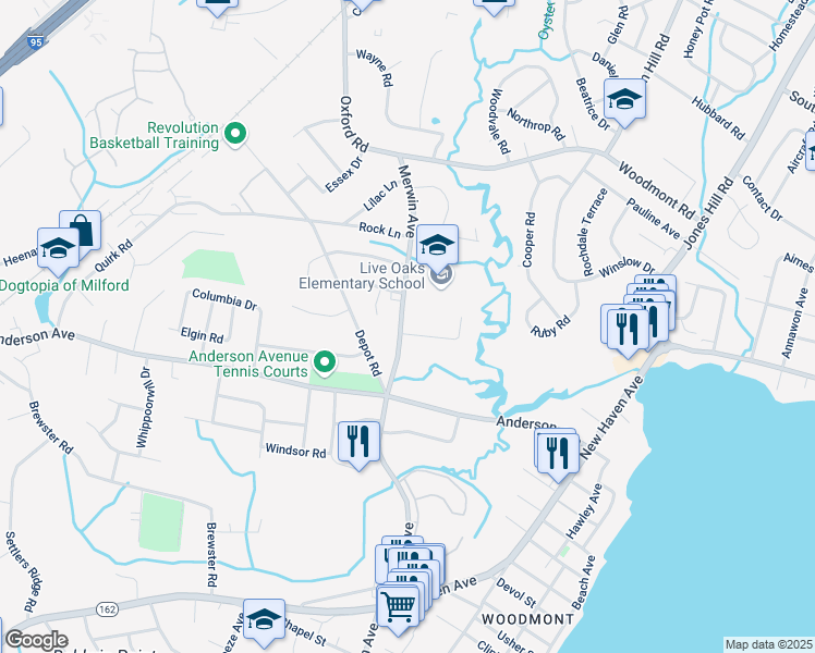 map of restaurants, bars, coffee shops, grocery stores, and more near 551 Merwin Avenue in Milford