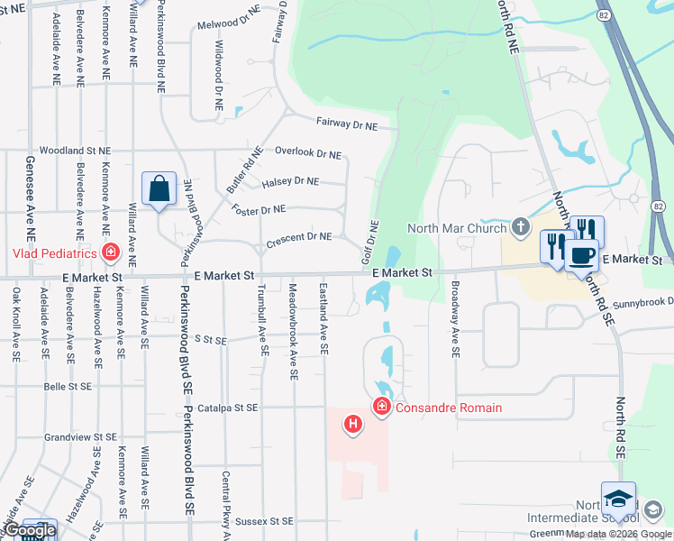 map of restaurants, bars, coffee shops, grocery stores, and more near 3210 East Market Street in Warren