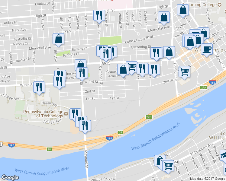 map of restaurants, bars, coffee shops, grocery stores, and more near 731 2nd Street in Williamsport