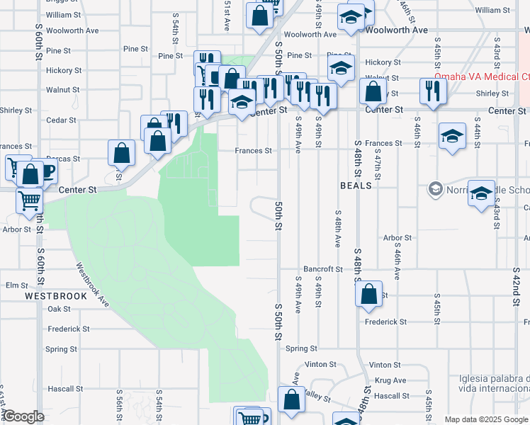 map of restaurants, bars, coffee shops, grocery stores, and more near 5009 Castelar Street in Omaha