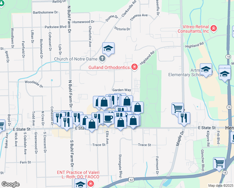 map of restaurants, bars, coffee shops, grocery stores, and more near 2400 Garden Way in Hermitage
