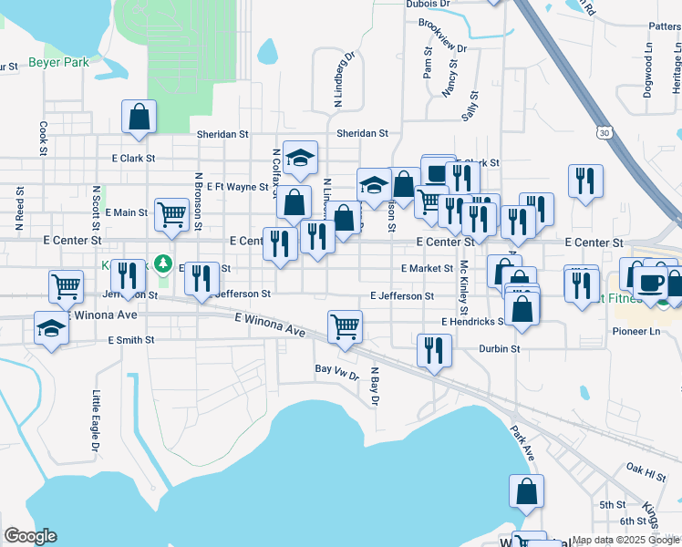map of restaurants, bars, coffee shops, grocery stores, and more near 1912 East Market Street in Warsaw