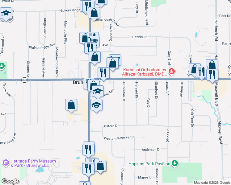 map of restaurants, bars, coffee shops, grocery stores, and more near 4220 Manhattan Avenue in Brunswick