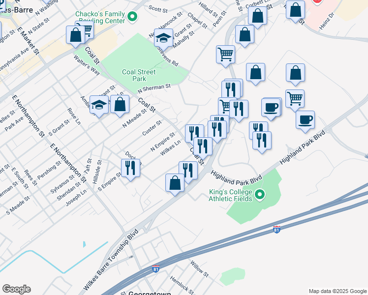 map of restaurants, bars, coffee shops, grocery stores, and more near 148 J Campbell Collins Dr in Wilkes-Barre
