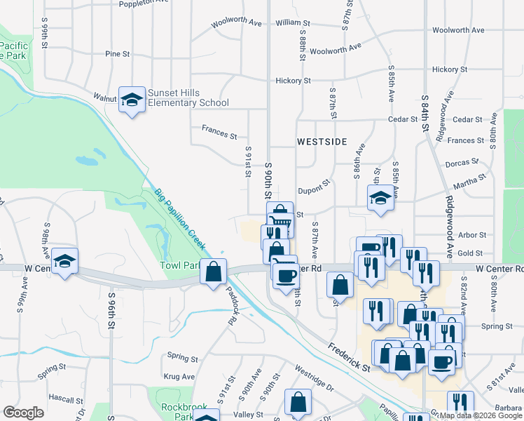 map of restaurants, bars, coffee shops, grocery stores, and more near 2507 South 90th Street in Omaha
