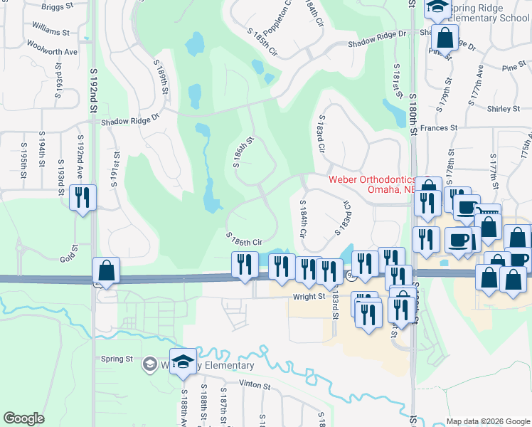 map of restaurants, bars, coffee shops, grocery stores, and more near 2118 South 186th Circle in Omaha