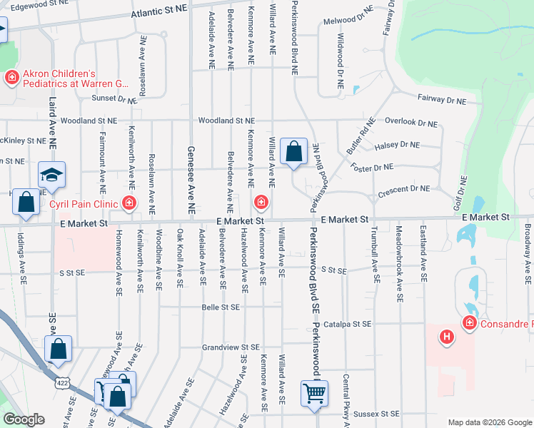 map of restaurants, bars, coffee shops, grocery stores, and more near 2230 East Market Street in Warren