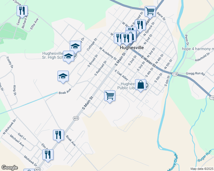 map of restaurants, bars, coffee shops, grocery stores, and more near South Spruce Street in Hughesville