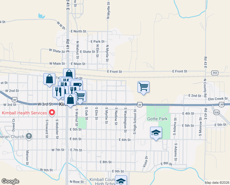 map of restaurants, bars, coffee shops, grocery stores, and more near 611 East 3rd Street in Kimball