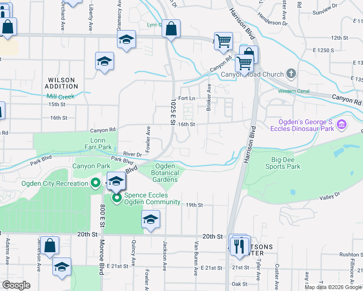map of restaurants, bars, coffee shops, grocery stores, and more near 1681 1055 East in Ogden