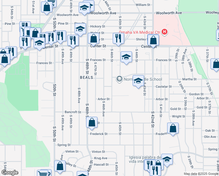 map of restaurants, bars, coffee shops, grocery stores, and more near 2418 South 46th Street in Omaha