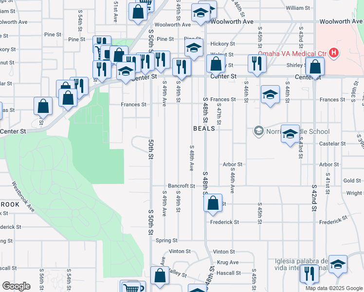 map of restaurants, bars, coffee shops, grocery stores, and more near 2414 South 49th Street in Omaha