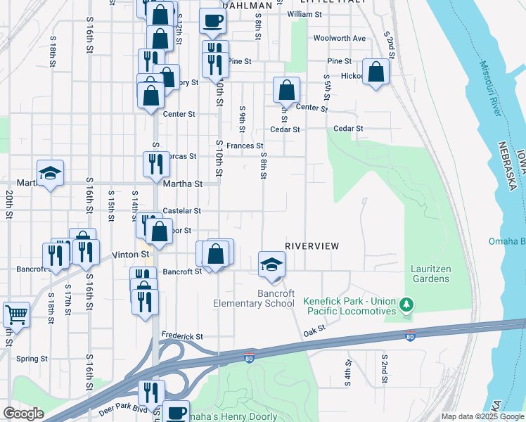 map of restaurants, bars, coffee shops, grocery stores, and more near in Omaha