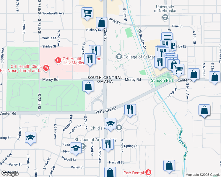 map of restaurants, bars, coffee shops, grocery stores, and more near 7171 Mercy Road in Omaha