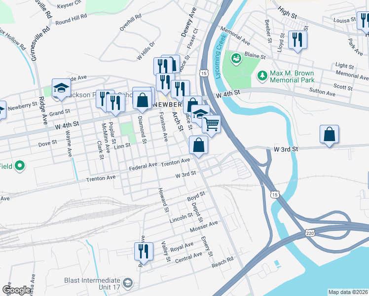 map of restaurants, bars, coffee shops, grocery stores, and more near 2020 Federal Avenue in Williamsport