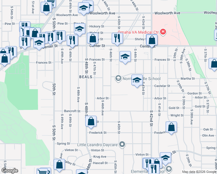 map of restaurants, bars, coffee shops, grocery stores, and more near 2418 South 46th Street in Omaha