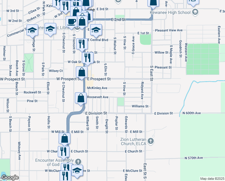map of restaurants, bars, coffee shops, grocery stores, and more near 739 George Street in Kewanee