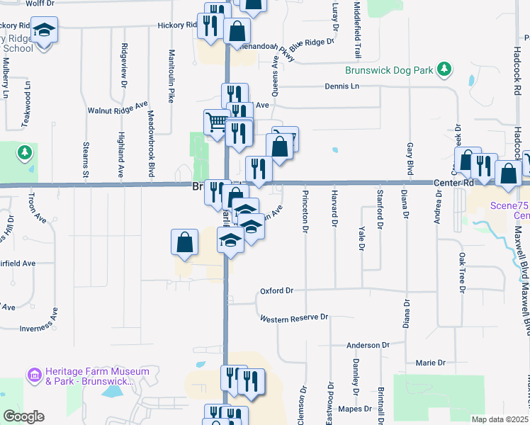 map of restaurants, bars, coffee shops, grocery stores, and more near 4203 Manhattan Avenue in Brunswick