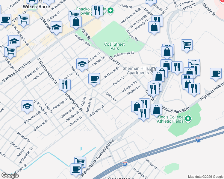 map of restaurants, bars, coffee shops, grocery stores, and more near 19 Custer Street in Wilkes-Barre