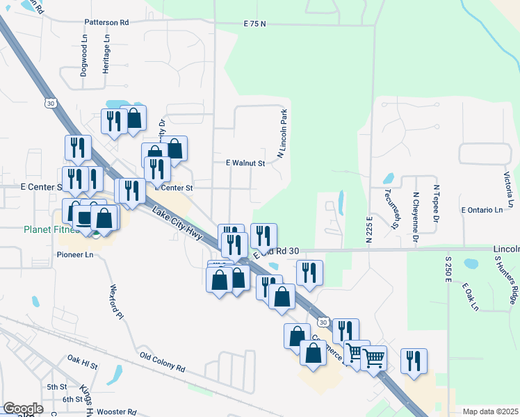 map of restaurants, bars, coffee shops, grocery stores, and more near 1881 East Mark Trail in Warsaw