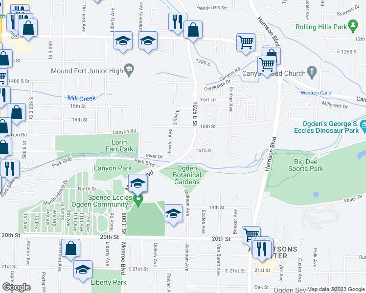 map of restaurants, bars, coffee shops, grocery stores, and more near 986 Kylee Lane in Ogden