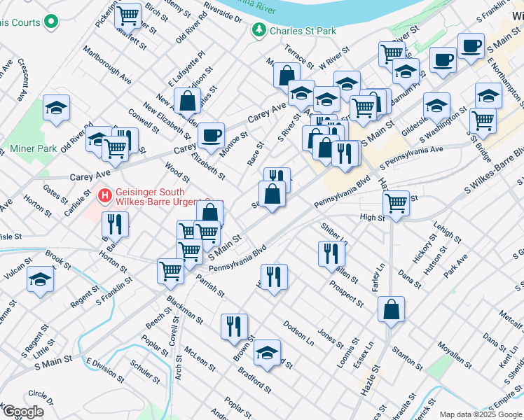 map of restaurants, bars, coffee shops, grocery stores, and more near 545 South Main Street in Wilkes-Barre