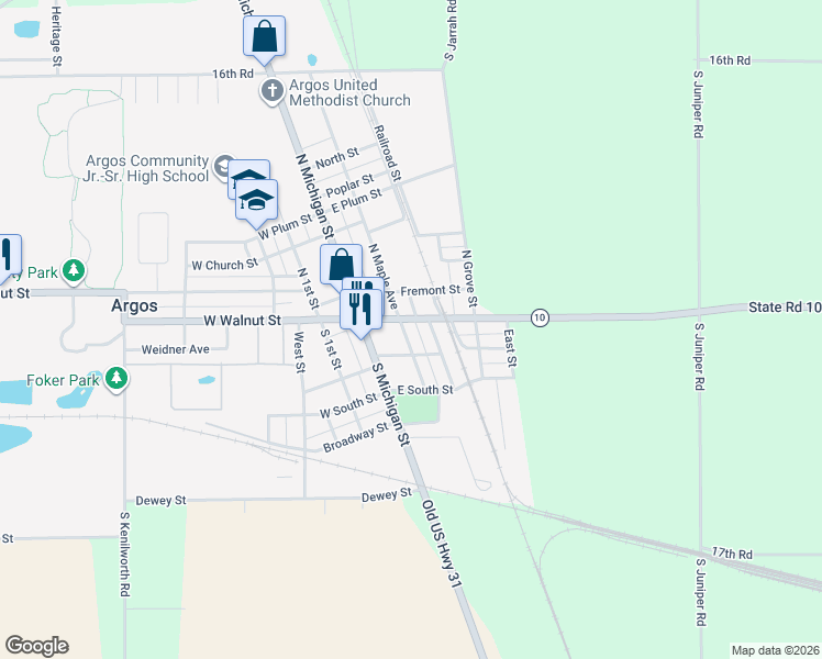 map of restaurants, bars, coffee shops, grocery stores, and more near 119 South Maple Street in Argos